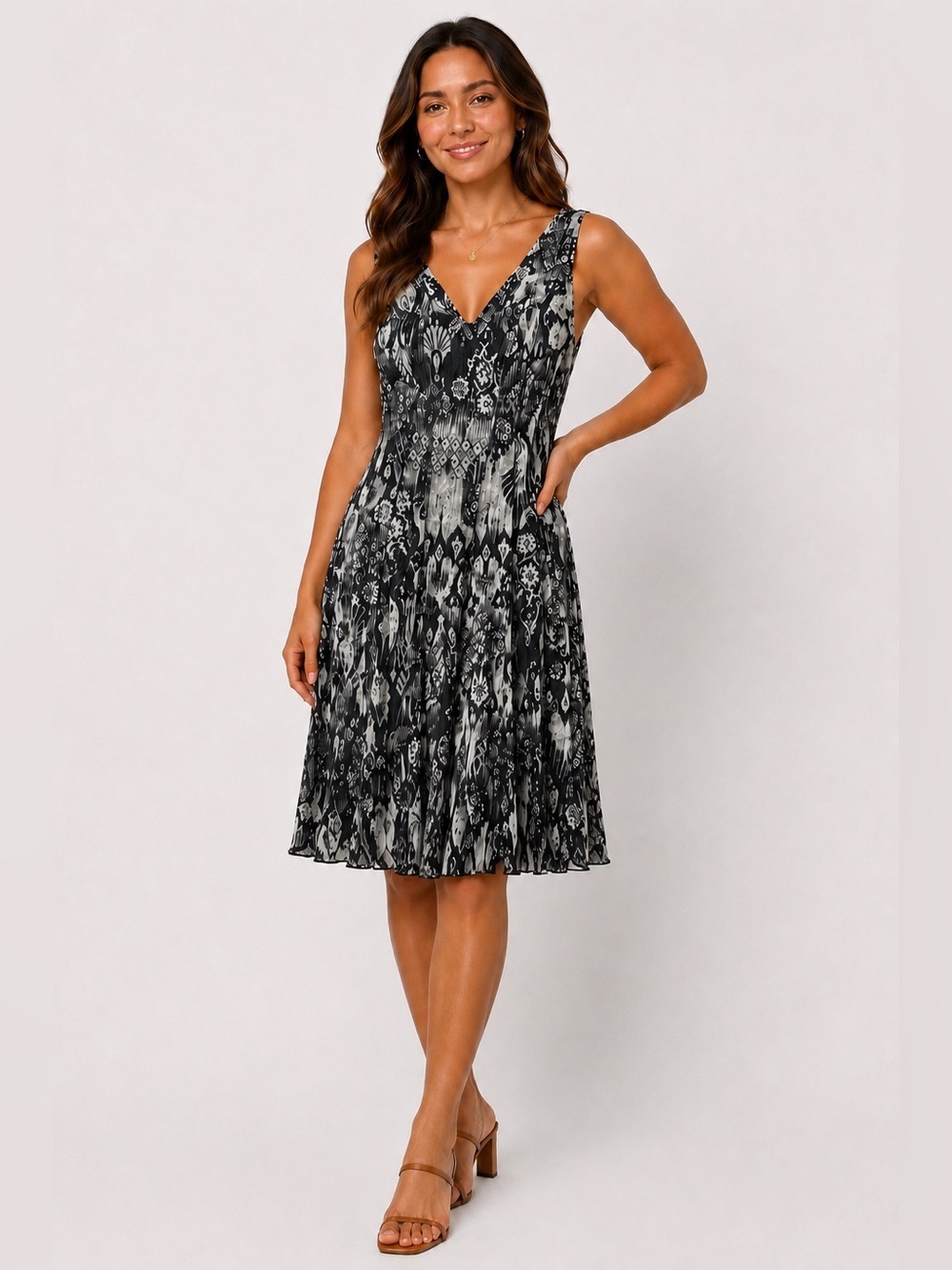 Elana Kattan Black and White Abstract Print Mesh Midi Dress Women Small